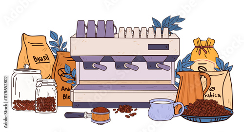 Coffee machine with beans and accessories. Espresso setup with coffee bags jars portafilter and milk jug. Colorful elements on white background