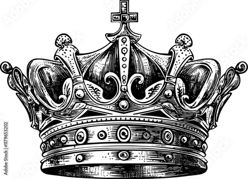 Vintage crown of a king or queen, ink drawing. Kingdom crown, in engraving style