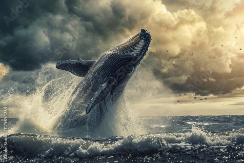 Fantastically beautiful majestic huge whale in deep blue ocean, abstract vivid composition consists of fictional unreal fantastic vision on background