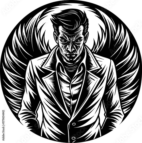 Dramatic black and white illustration of a serious man with intense expression, wearing a collared shirt in retro comics style