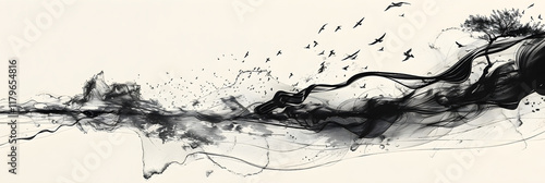 Ethereal Landscapes and Graceful Flights: A Journey Through Ink Script's Natural World