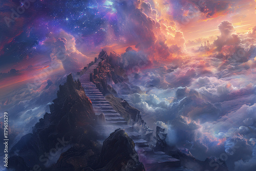 Wallpaper Mural Fantastically beautiful staircase leading to cloudy deep sky at natural light, abstract vivid composition consists of fictional unreal fantastic vision on background Torontodigital.ca