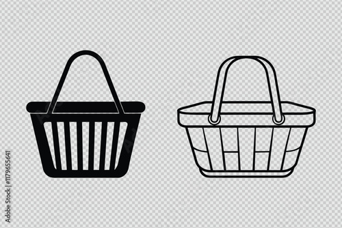 shopping basket vector set with silhouettes and line art, ideal for retail, branding, and creative projects