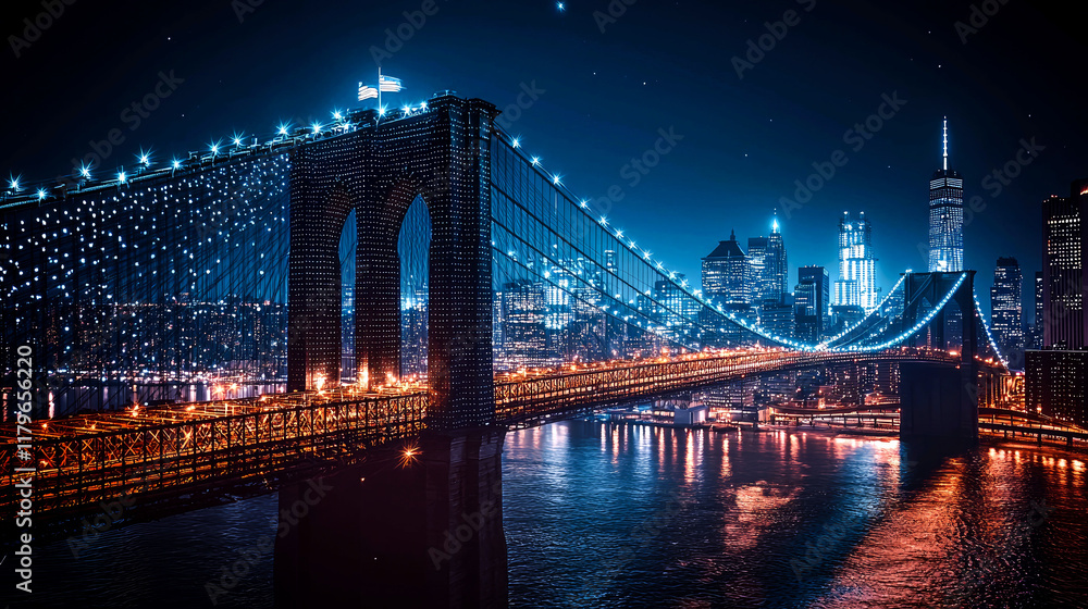 Fototapeta premium Spectacular Night View of the Iconic New York City Bridge and Skyline