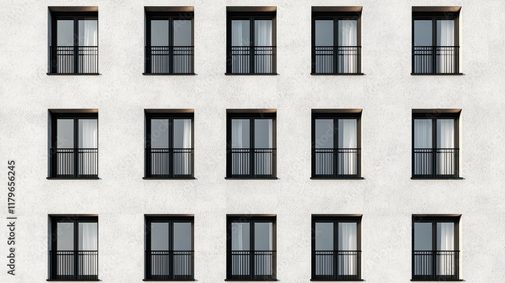 Modern Apartment Building Facade with Identical Windows and Balconies Modern Apartment Building Facade with Identical Windows and Balconies
