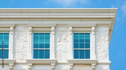 Wallpaper Mural Elegant Cream Stone Building Facade with Three Large Windows and Blue Sky Background Torontodigital.ca