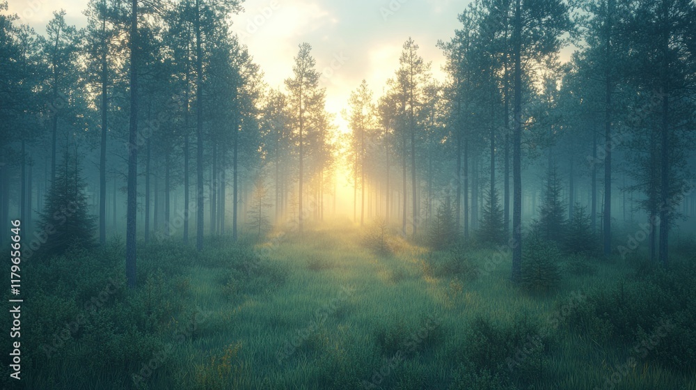 Sunlit misty pine forest path. Sunlit misty pine forest path.
