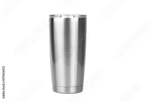Silver tumbler glass cold store. Stainless steel thermos tumbler mug isolated on white background. concept eco friendly.