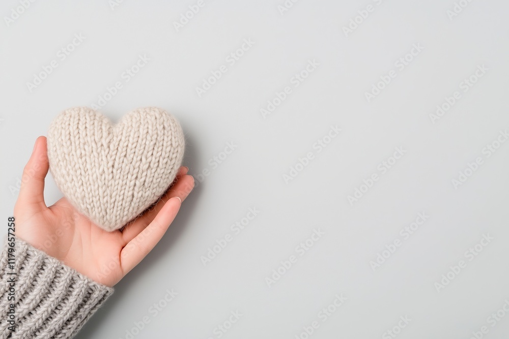 Fototapeta premium A soft, human hand holding a heart-shaped object knitted from cream-colored yarn. The background is a clean, neutral tone, enhancing the delicate and cozy aesthetic