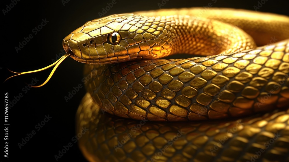 Fototapeta premium Majestic Golden Snake With Intricate Scales and Distinctive Tongue, Capturing the Beauty and Elegance of a Serpent in a Striking Close-Up View