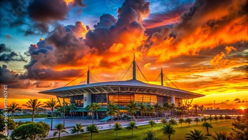 Hard Rock Stadium Silhouette at Sunset, Miami Gardens, Florida