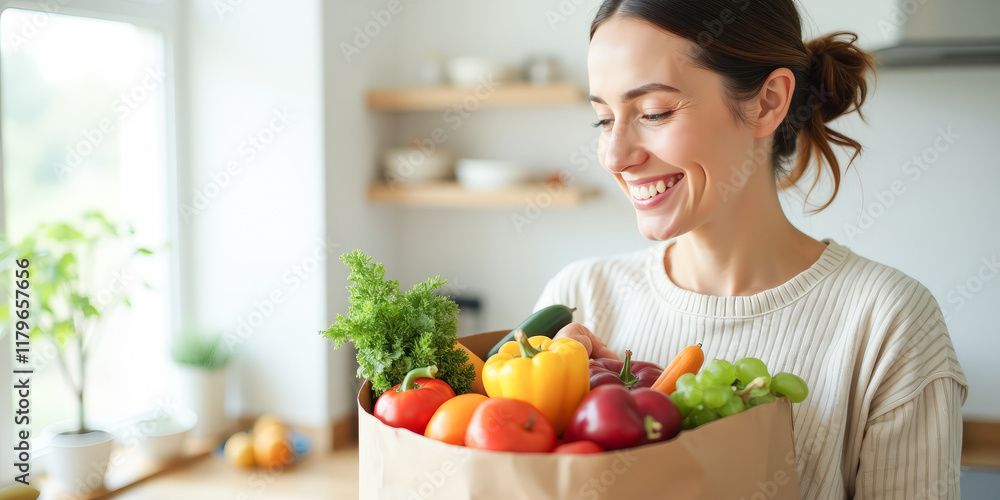 A happy housewife in the kitchen holds a bag full of fruits and vegetables A happy housewife in the kitchen holds a bag full of fruits and vegetables