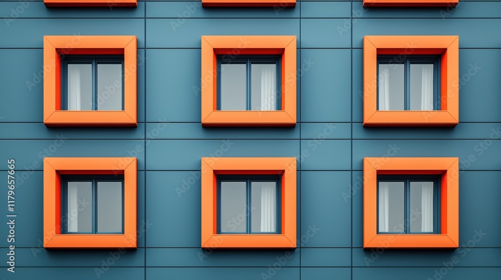 Fototapeta premium Modern Building Facade with Bright Orange Windows