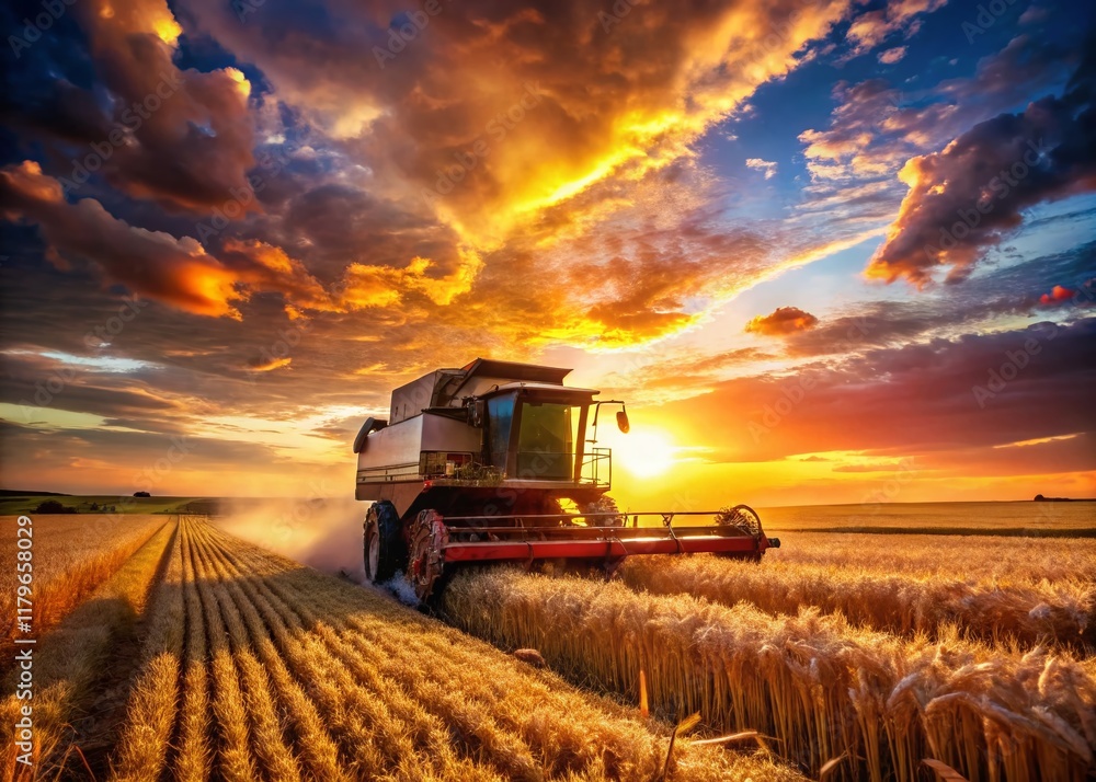 Fototapeta premium Harvesting Machine in Golden Wheat Field at Sunset