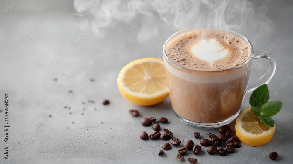 A cup of coffee with a lemon slice and coffee grounds on a table A cup of coffee with a lemon slice and coffee grounds on a table
