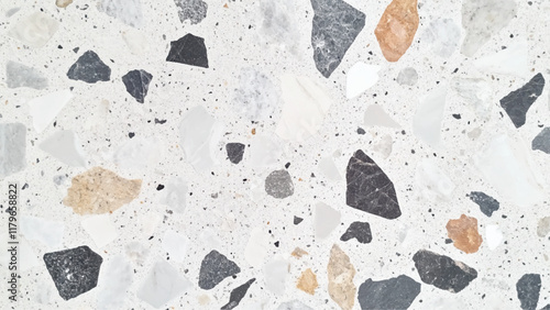 Terrazzo grey stone texture – polished tiles for flooring. Top-down view of natural stone in neutral interior design. terrazo flooring texture. White marble texture and background.