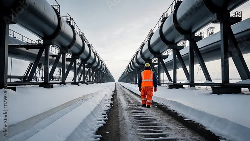 Industrial worker in orange safety gear walking between large pipelines on a snowy pathway in a cold outdoor setting

 photo