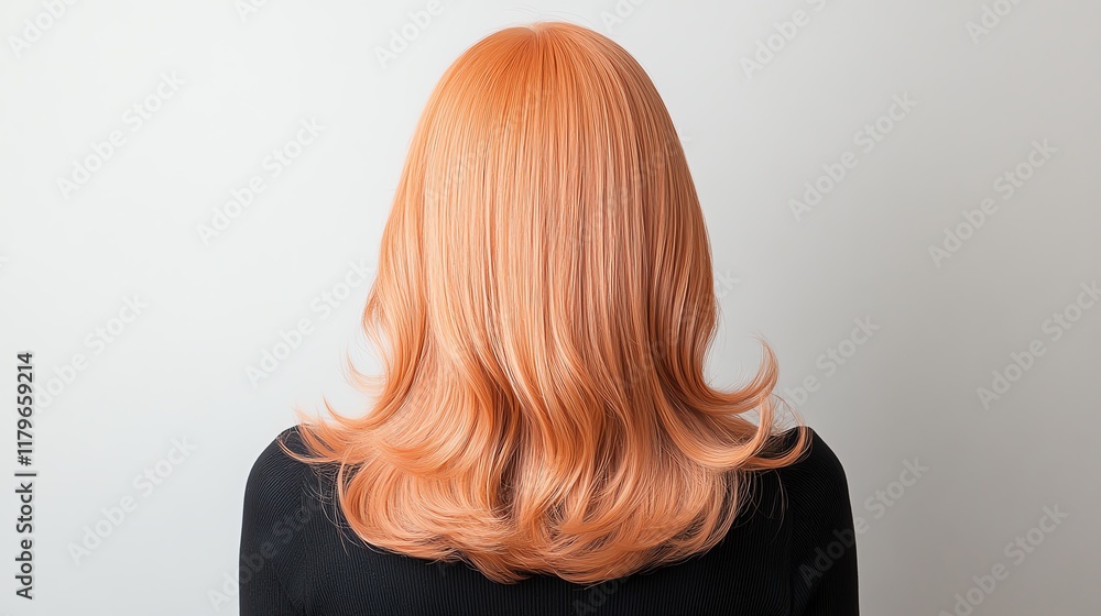 Fototapeta premium Highquality synthetic wig, fiery orange with subtle highlights, styled in playful waves, against a soft pastel backdrop