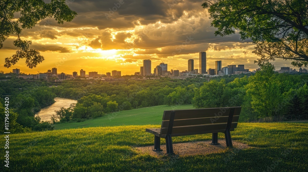 Fototapeta premium Park bench sunset city view, tranquil riverside scene