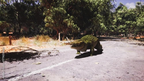 A crocodile is seen moving across a deserted road that is bordered by vibrant trees and underbrush. The setting appears tranquil under bright daylight. photo