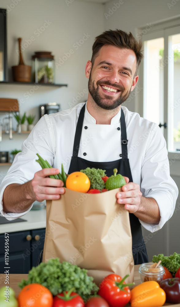 A happy cook in the kitchen holds a bag full of fruits and vegetables, vertical A happy cook in the kitchen holds a bag full of fruits and vegetables, vertical