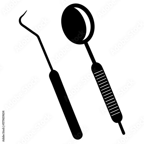 Dental mirror and probe silhouette vector