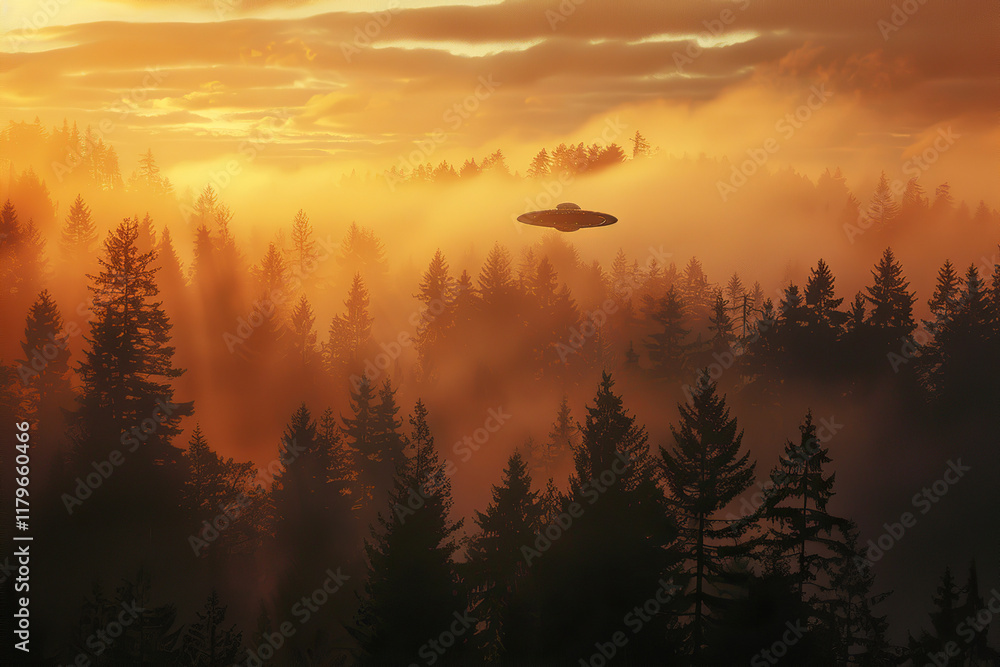Obraz premium Iron oval UFO saucer hovering over beautiful landscape in deep dramatic sky, abstract vivid composition consists of fictional unreal fantastic vision on background