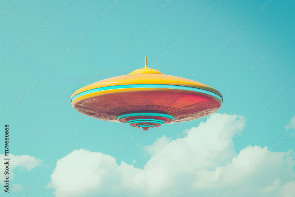 Fototapeta premium Iron oval UFO saucer hovering over beautiful landscape in deep dramatic sky, abstract vivid composition consists of fictional unreal fantastic vision on background