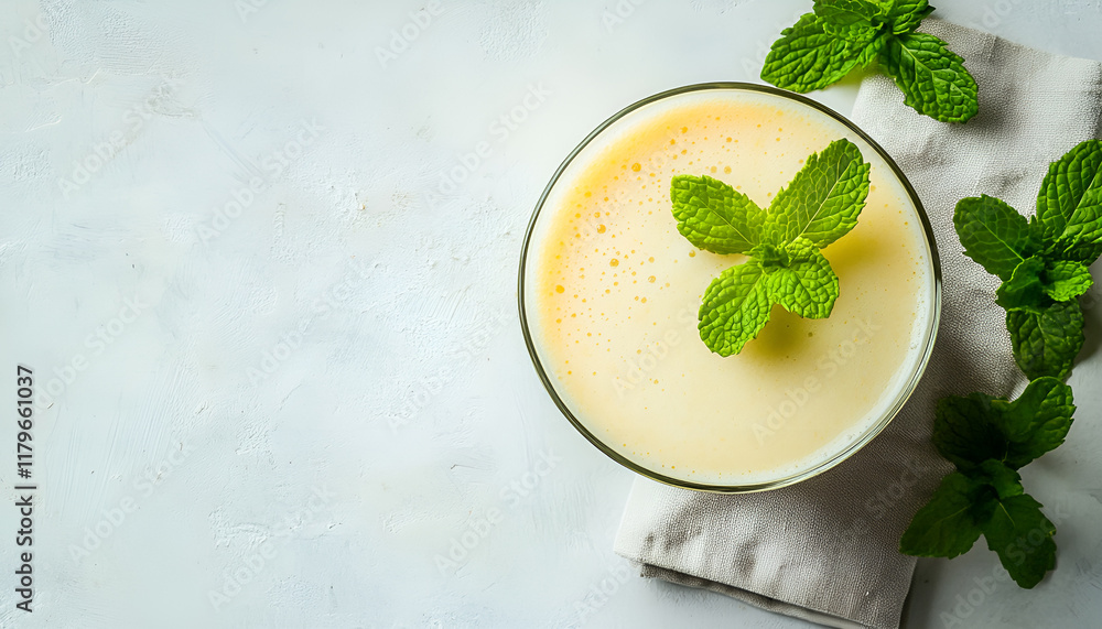 Peach smoothie dessert with mint on napkin, top view Peach smoothie dessert with mint on napkin, top view