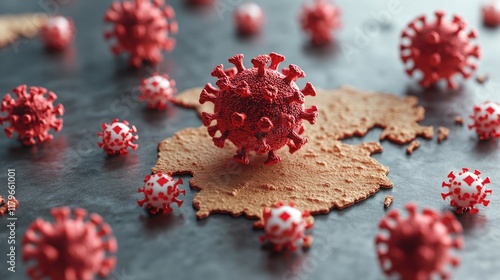 Close-up of red coronavirus particles on a dark surface. hMPV, Human metapneumovirus