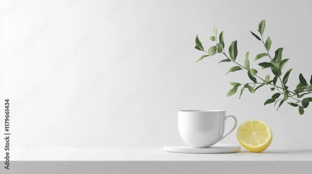 A white cup with a lemon slice on top of it A white cup with a lemon slice on top of it