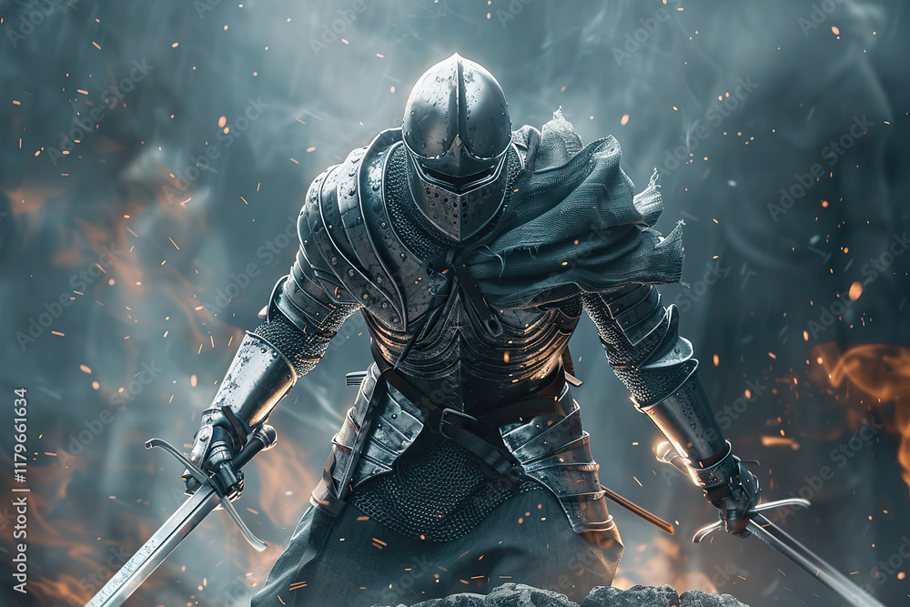 Fototapeta premium Fantastic beautiful royal knight in iron armor guards castle chambers, abstract vivid composition consists of fictional unreal fantastic vision on background