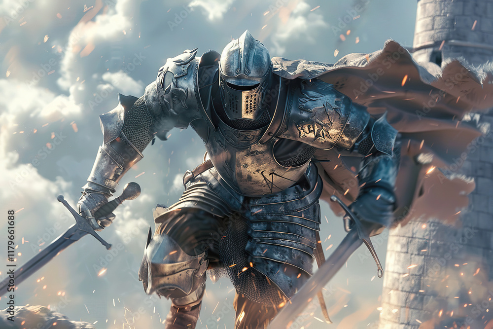Naklejka premium Fantastic beautiful royal knight in iron armor guards castle chambers, abstract vivid composition consists of fictional unreal fantastic vision on background
