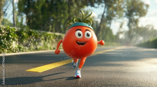 Cartoon tomato character running on a road. (2) photo