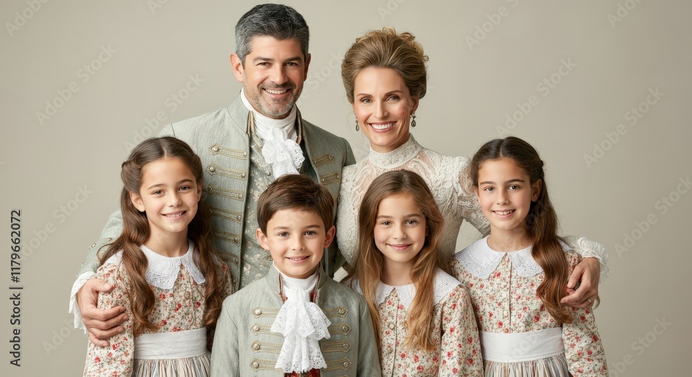 Victorian-inspired family portrait with smiling caucasian members in elegant attire Victorian-inspired family portrait with smiling caucasian members in elegant attire
