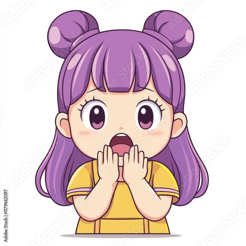 Astonished Anime Girl: A Kawaii Purple-Haired Child Cartoon Illustration photo