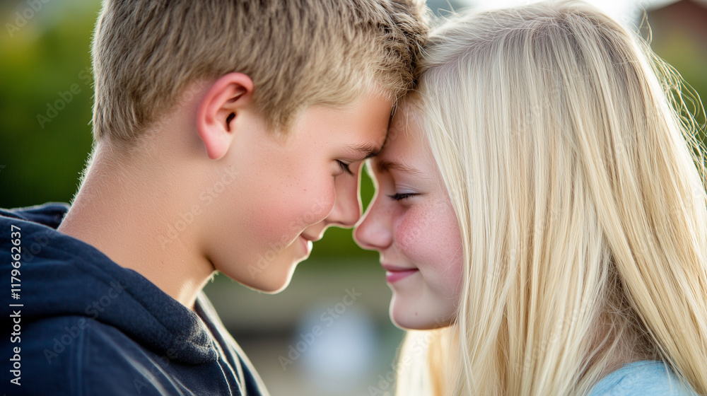first love, young teenage couple sharing a tender moment outdoors first love, young teenage couple sharing a tender moment outdoors