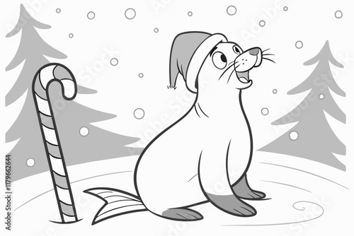 a seal wearing a Santa hat. The seal is standing on its hind legs with its front paws resting on the ground A.eps