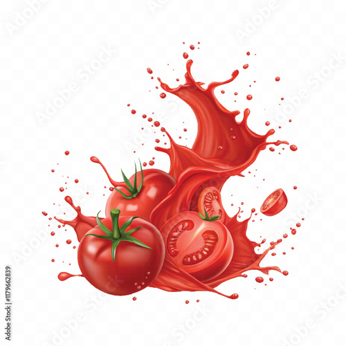 abstract 3d Splashes of tomato ketchup or red liquid tomato juice isolated on white background