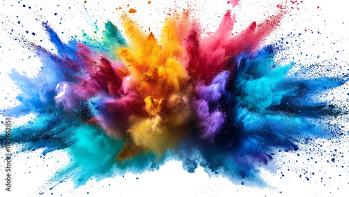 Bright rainbow holi powder explosion with a dynamic mix of colors. Colorful rainbow holi paint color powder explosion isolated white wide panorama background.