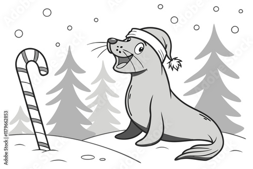 a seal wearing a Santa hat. The seal is standing on its hind legs with its front paws resting on the ground C.eps