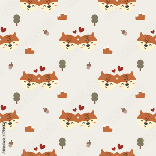 Face Fox couple cartoon so cute. On tree acorn mountain background.  Pattern seamless vector illustration. 