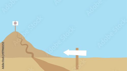 Illustration of a mountain path with a blank white signpost pointing left and a target marker at the top