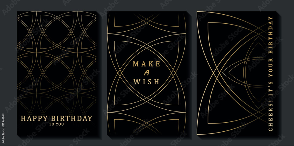 Fototapeta premium Set of luxury birthday cards on a black background. Modern gold and black design. Golden elegant geometric pattern, gold line on dark background. Premium design illustration for birthday party.