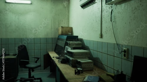 An empty office area with a cluttered desk, old computers, and a chair, surrounded by faded walls and a somber atmosphere, suggesting long term neglect and disuse.