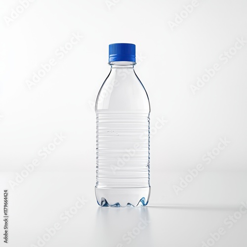 Environment, eco friendly, plastic. Clear plastic water bottle with a blue cap against a light background. photo