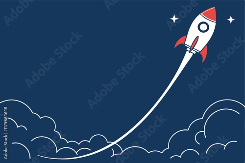 An illustration of a rocket launch in a minimalist style. The rocket is ascending with a smooth E.eps