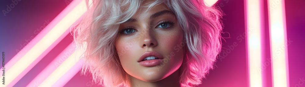 Short cropped wig in bright silver, styled with edgy texture, on a reflective surface surrounded by neon lighting Short cropped wig in bright silver, styled with edgy texture, on a reflective surface surrounded by neon lighting