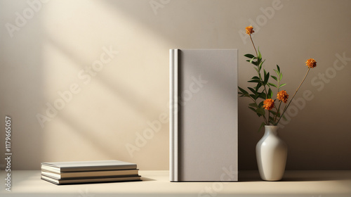 Minimalist book setup with vase and orange flowers in sunlight