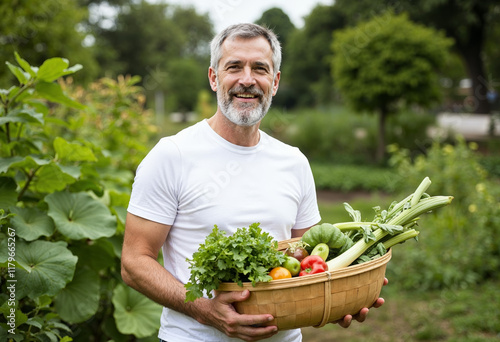 Portrait of mature gray-haired man in white t-shirt with basket of vegetables on farm background